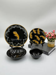 Black Beauty🖤: 24 Pcs Feather Design Black Porcelain Plate Set with Bowls