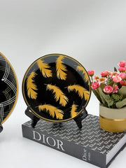 Black Beauty🖤: 24 Pcs Feather Design Black Porcelain Plate Set with Bowls