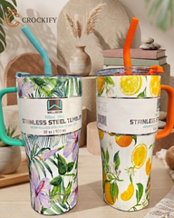 Stainless Steel Insulated Floral & Citrus Travel Tumbler with Handle and Straw