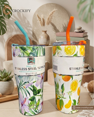 Stainless Steel Insulated Floral & Citrus Travel Tumbler with Handle and Straw