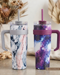 1180ml Stainless Steel Galaxy & Marble Print Travel Tumbler with Handle, Lid & Reusable Straw