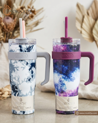 1180ml Stainless Steel Galaxy & Marble Print Travel Tumbler with Handle, Lid & Reusable Straw