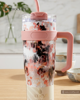 1180ml Stainless Marble Print Travel Tumbler with Handle, Lid & Straw