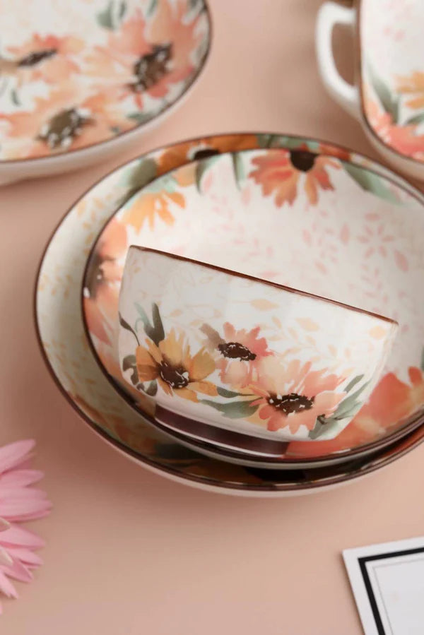 18 Pcs Sunflower Matte Bone China Chinese Breakfast Set with Printed Spoons🌻