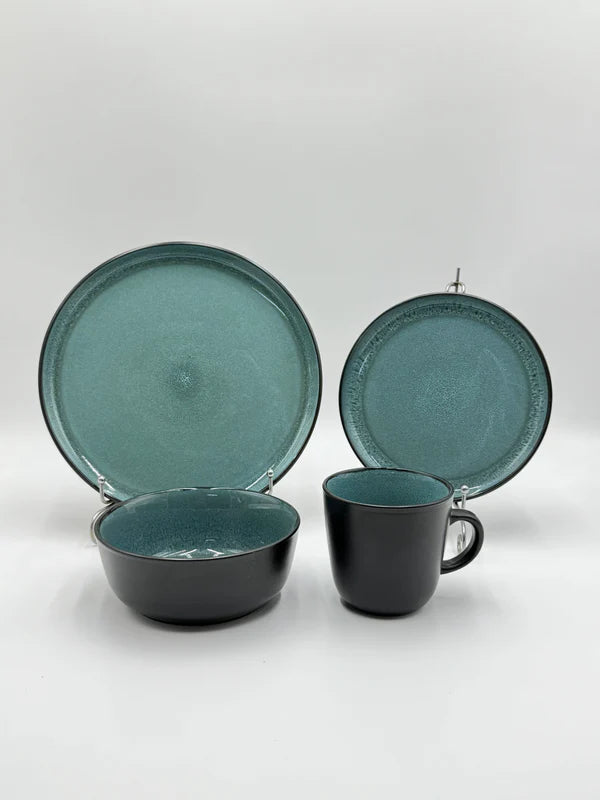 16 Pcs Teal & Matte Black Reactive Glazed Breakfast Set 💥