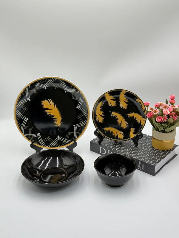 Black Beauty🖤: 24 Pcs Feather Design Black Porcelain Plate Set with Bowls