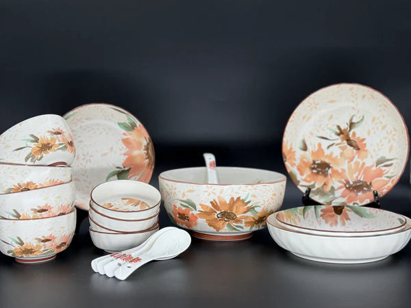 18 Pcs Sunflower Matte Bone China Chinese Breakfast Set with Printed Spoons🌻