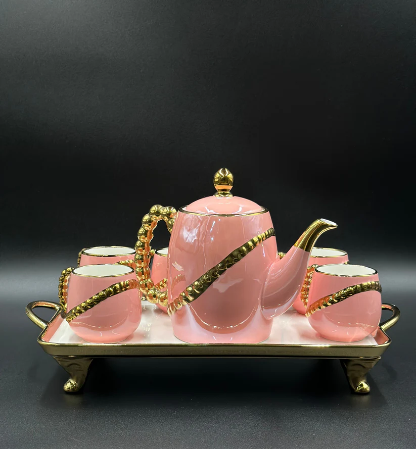 8 Pcs Elegant 24K Golden Spiral Tea Set With Tray