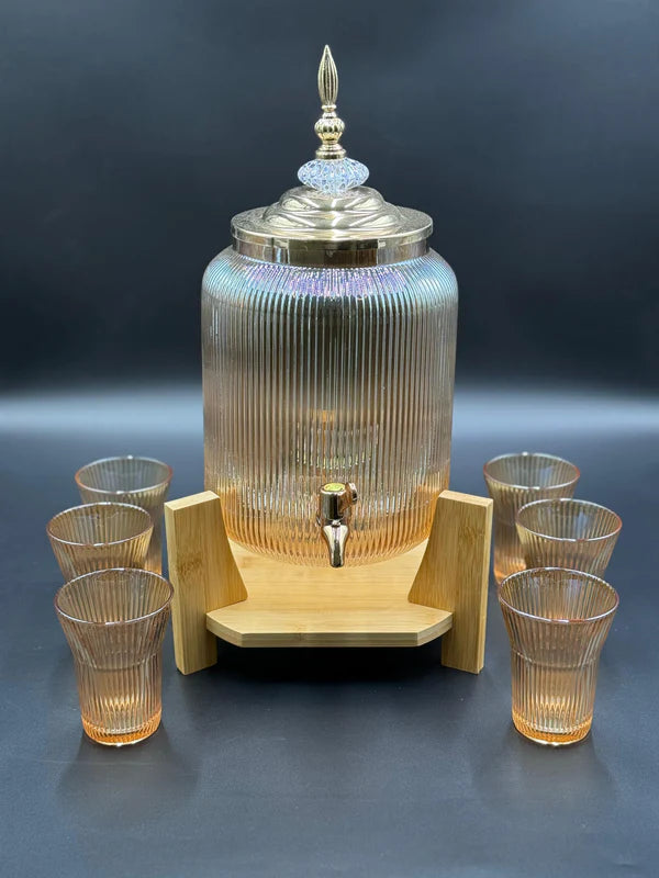 8 Pcs Textured Amber Royal Dispenser Set with Bamboo Stand 🍷✨