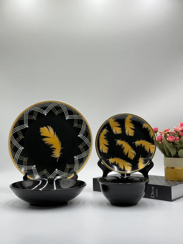 Black Beauty🖤: 24 Pcs Feather Design Black Porcelain Plate Set with Bowls 🪶