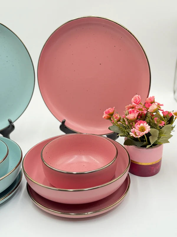 16 Pcs Stoneware Plate Set with Bowls and Silver Outline 🍽️