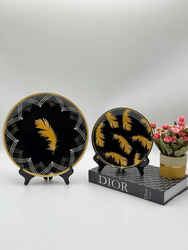 Black Beauty🖤: 24 Pcs Feather Design Black Porcelain Plate Set with Bowls