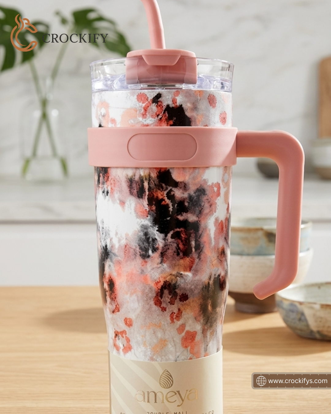 1180ml Stainless Marble Print Travel Tumbler with Handle, Lid & Straw