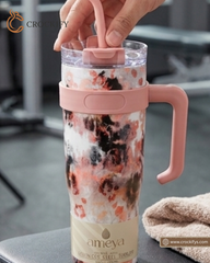 1180ml Stainless Marble Print Travel Tumbler with Handle, Lid & Straw