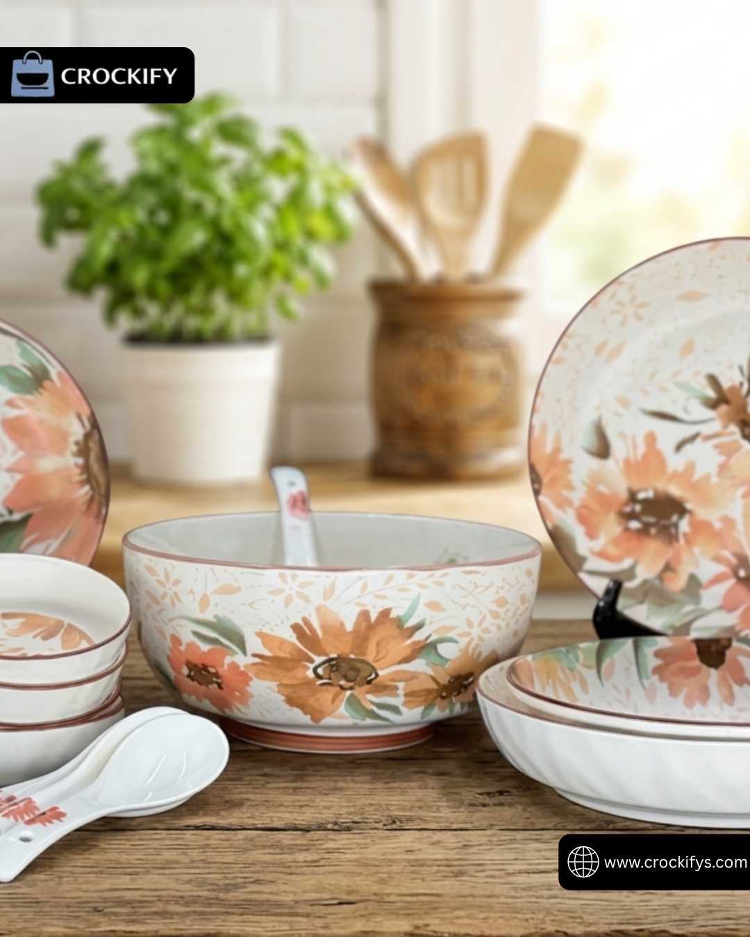 18 Pcs Sunflower Matte Bone China Chinese Breakfast Set with Printed Spoons🌻