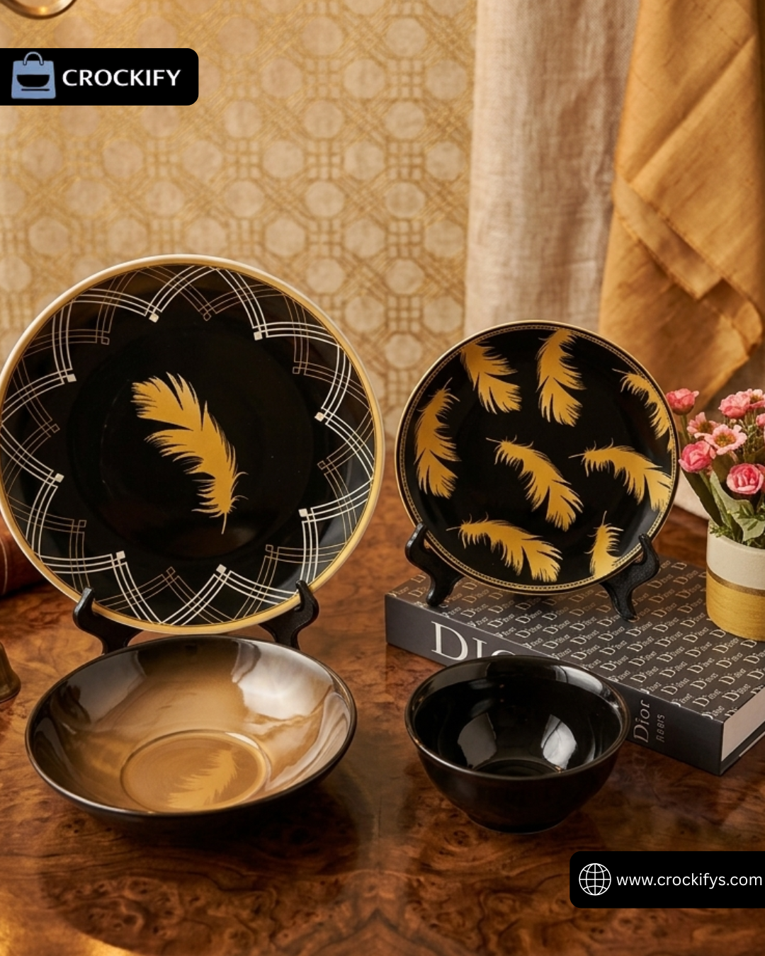 Black Beauty🖤: 24 Pcs Feather Design Black Porcelain Plate Set with Bowls 🪶