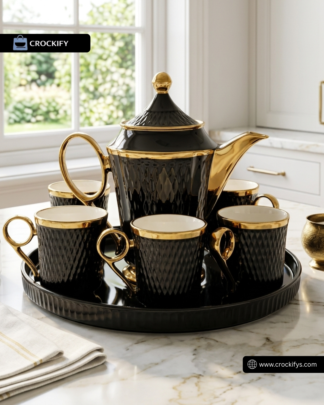 Ring Handle 8 Pcs Tea set with Rotating Tray