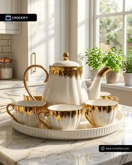Golden Rim 8 Pcs Teaset with Rotating Tray