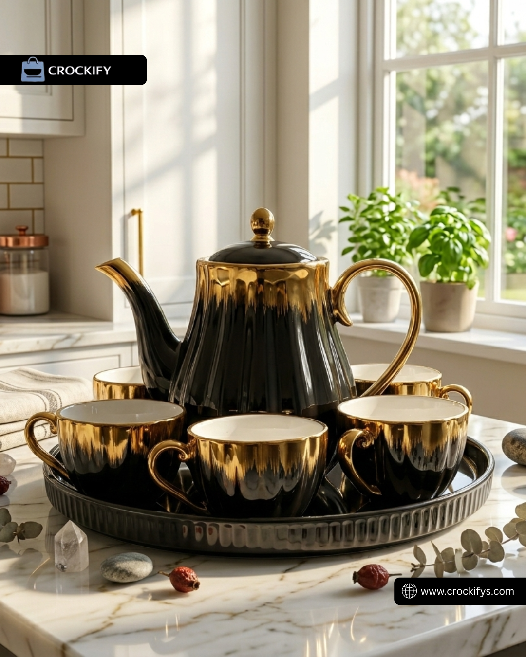 Golden Rim 8 Pcs Teaset with Rotating Tray