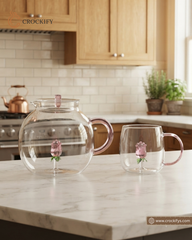 5 Pcs Turkish Glass Tea Set – Floral Kettle & Cups 🌷