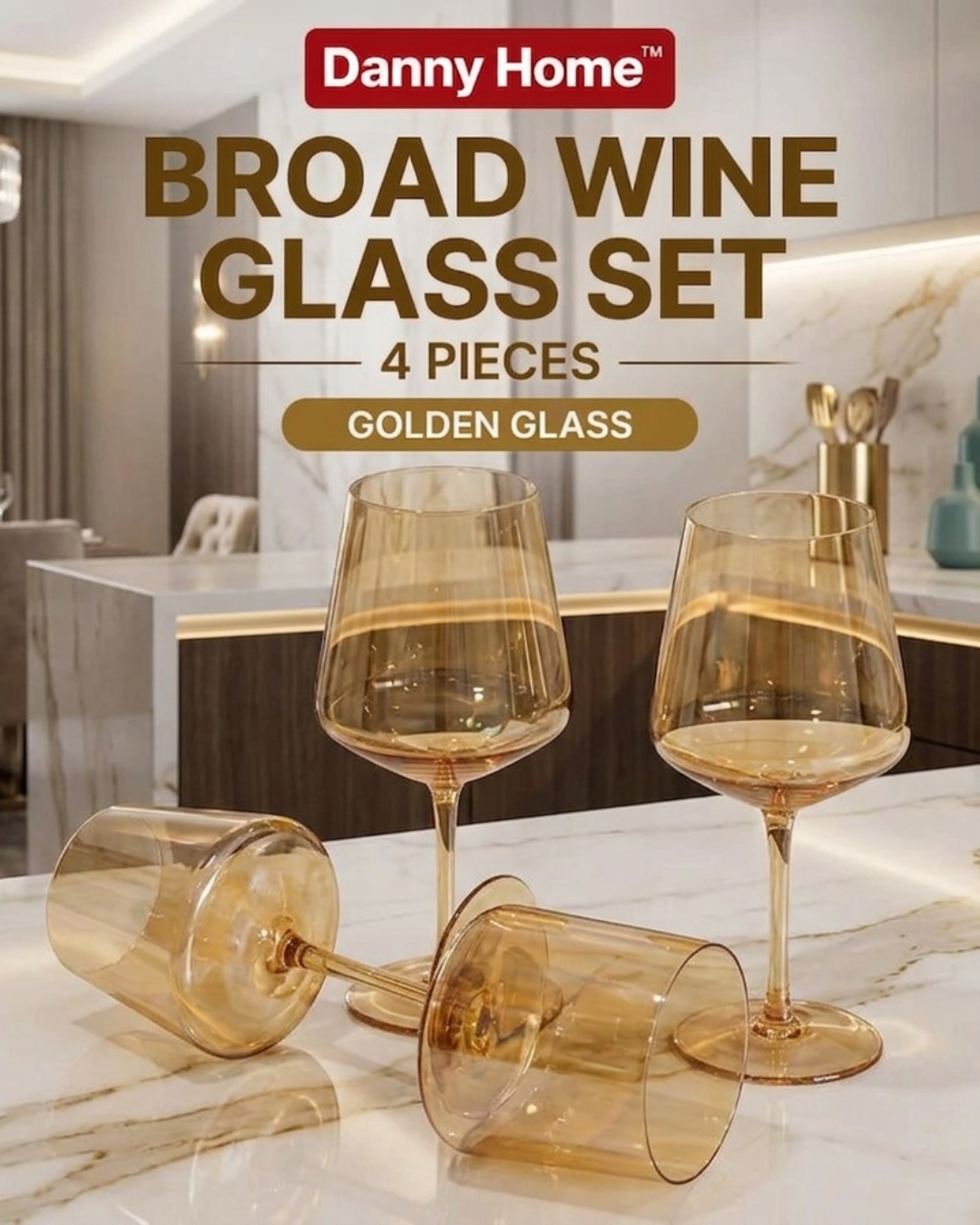 4 Pcs Danny Home Broad Golden Wine Glass Set